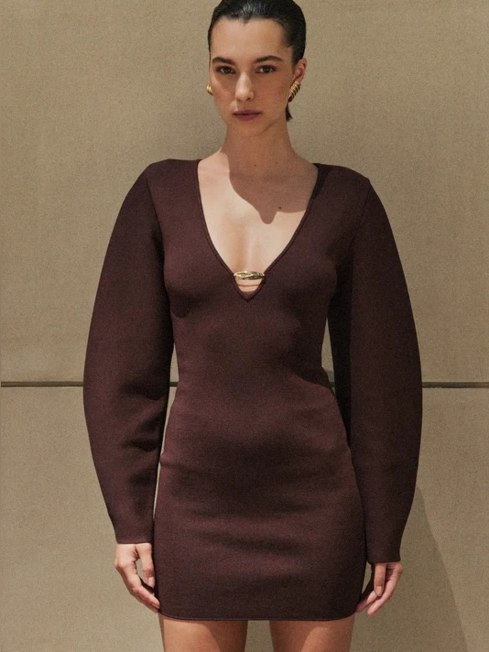 Meshki ||‎ Billy Balloon Sleeve Knit Mini Dress Keyhole Dark Chocolate Brown XS